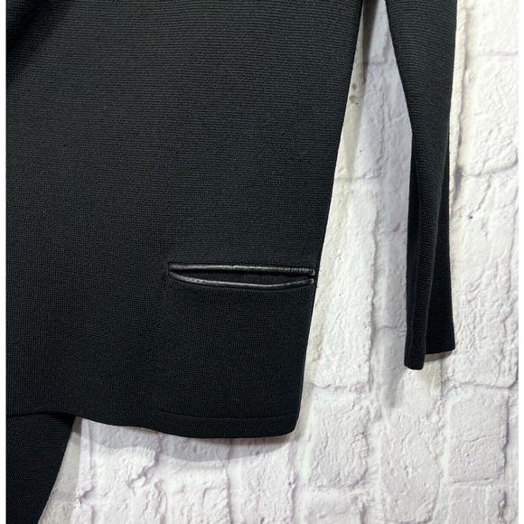 Eileen Fisher Minimalist MERINO Wool Open-Front Cardigan Pockets Leather Trim L - Picture 4 of 7